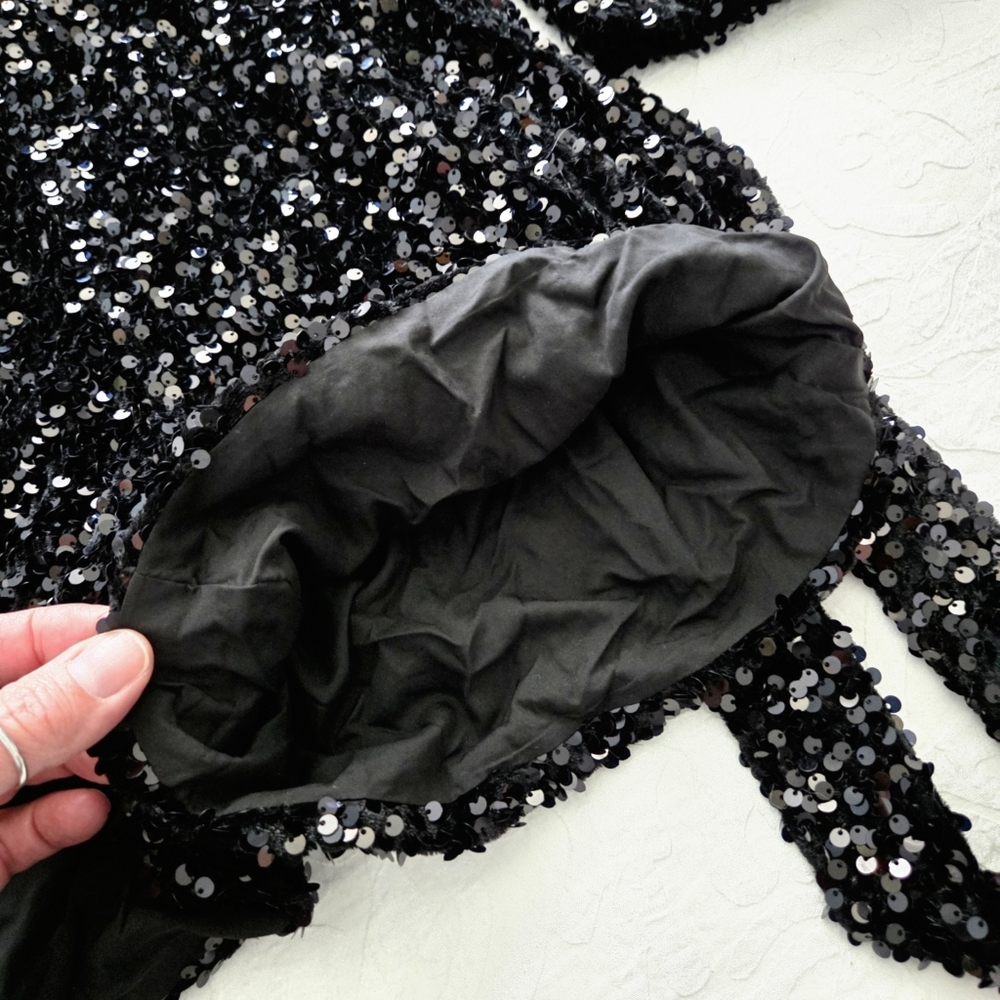 Black Sequin Long Sleeve Romper With V-Neckline & Removable Belt, Size Small - Picture 13 of 16